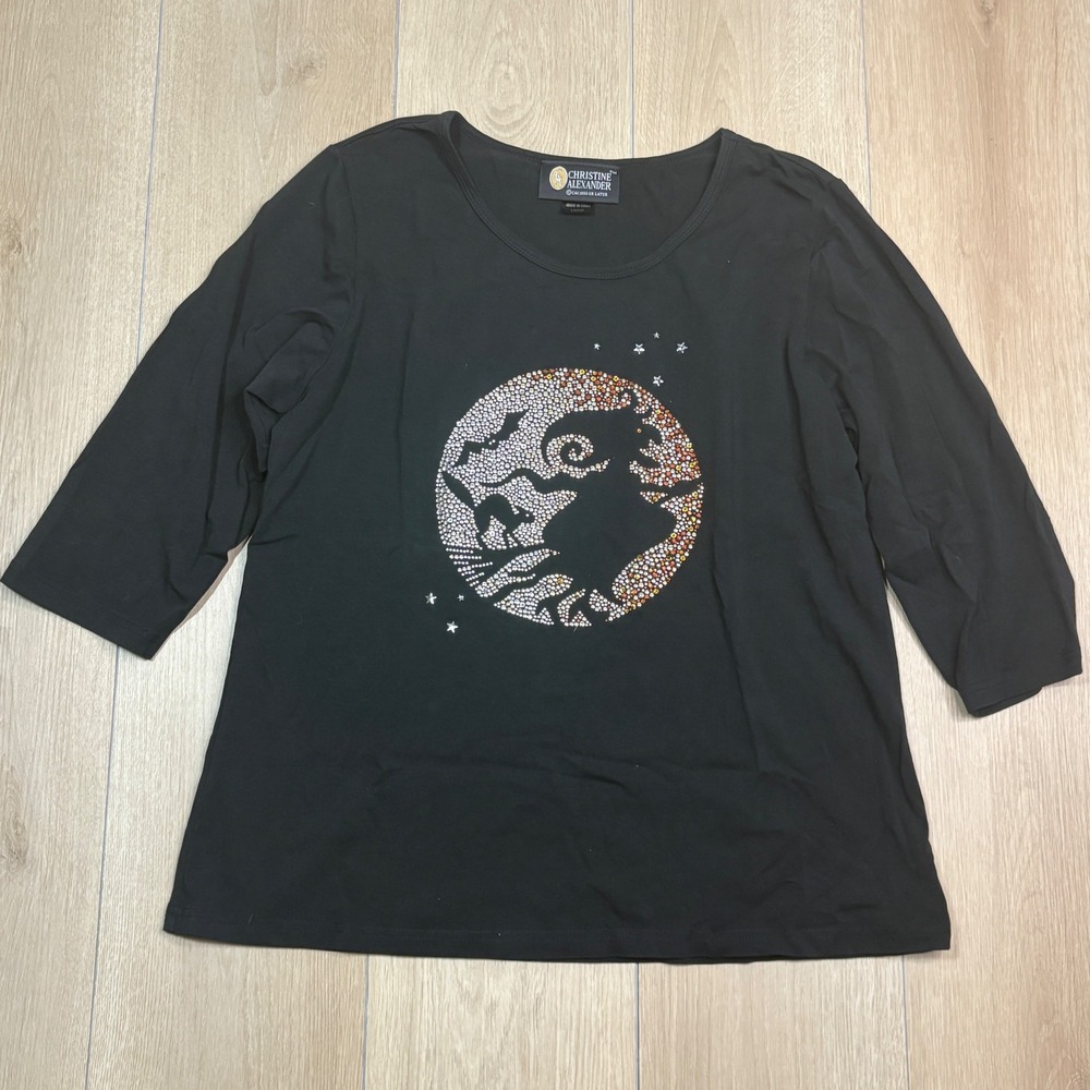 Christine Alexander Swarovski Halloween Witch Moon Rhinestone 3/4 Sleeve Top